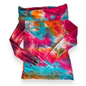 HWOKEFEIYU tie dye Top M off shoulder long sleeve blouse shirt multi pink blue